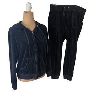 NY & Co Velour Jogger Set Jacket black Size L/XL Hood Stretch Tracksuit (READ)